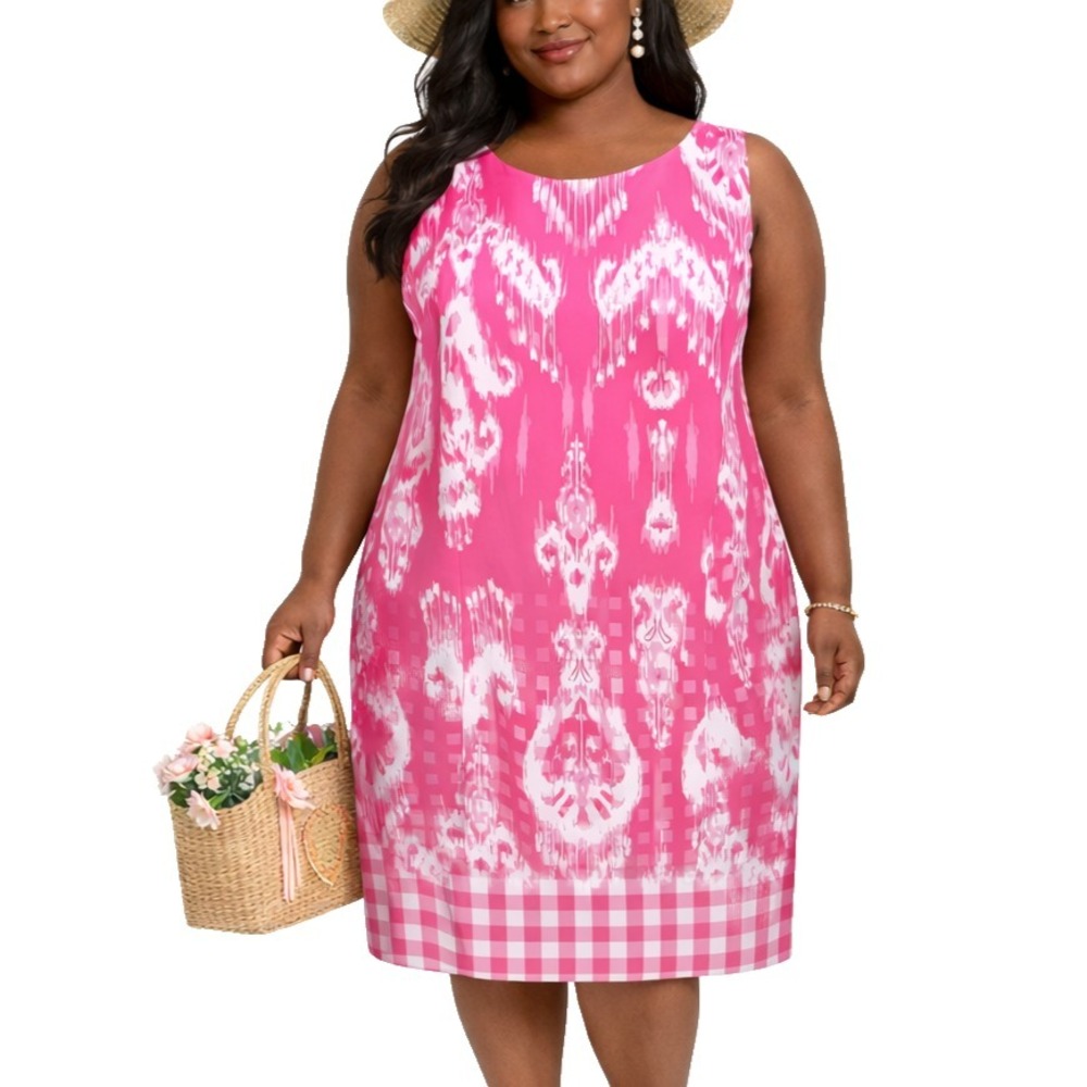 AGB Size 14W Pink White Gingham Sleeveless Spring Picnic Sheath Dress USA made